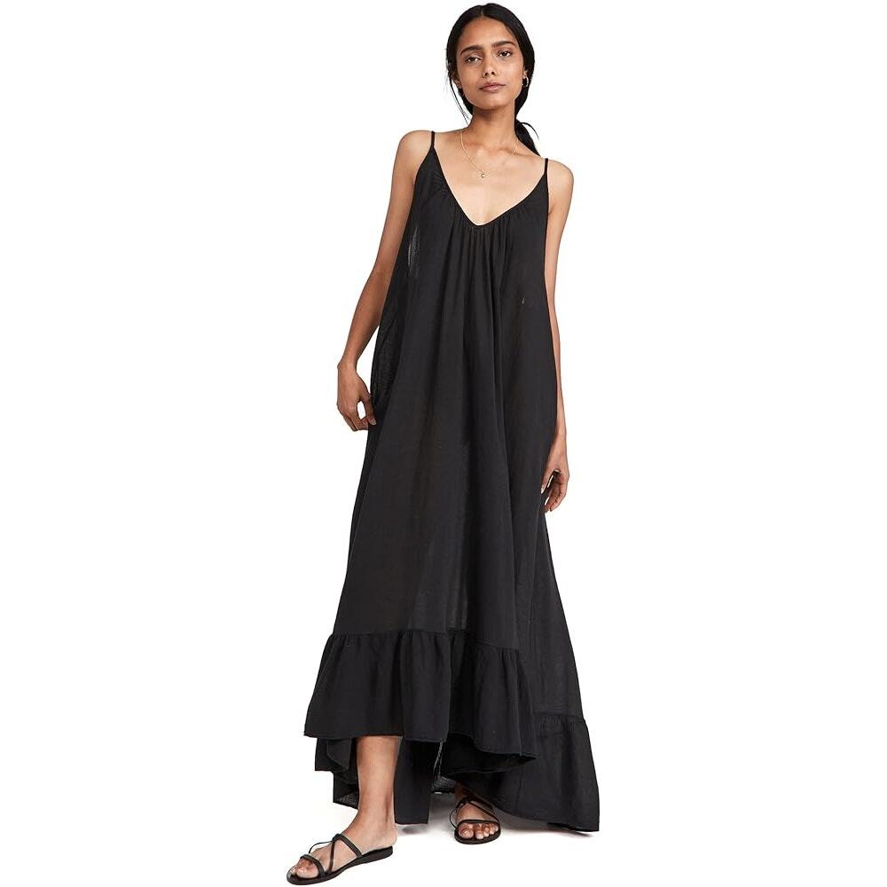 9 Seed 100% Cotton Gauze Black Hi-Low Hem Adjustable Strap Maxi Dress One Size